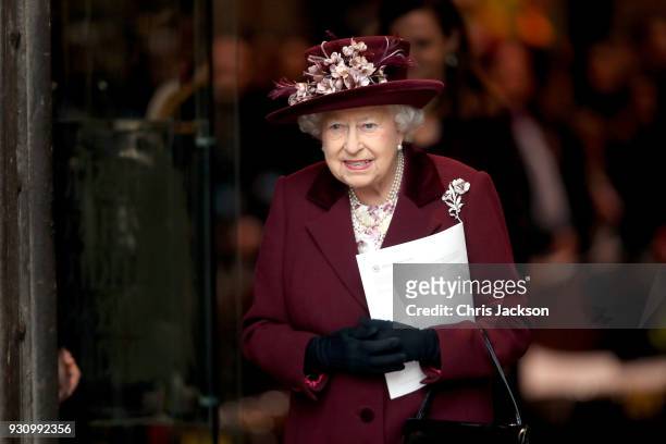 Queen Elizabeth II departs from the 2018 Commonwealth Day service at Westminster Abbey on March 12, 2018 in London, England.