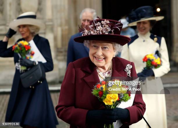 Queen Elizabeth II leaves after attending the Commonwealth Service at Westminster Abbey on March 12, 2018 in London, England. Organised by The Royal...