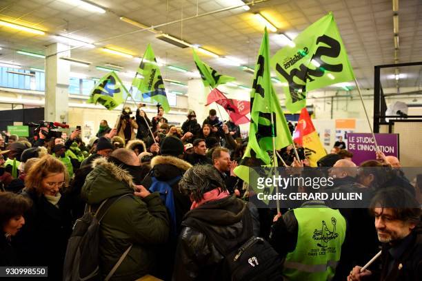 Sud-rail union members gather during a protest against the reform of French national state-owned railway company SNCF inside Ground Control venue...