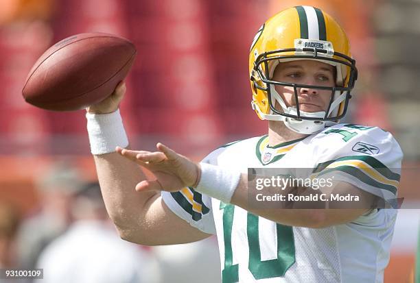 Quarterback Matt Flynn of the Green Bay Packers during a NFL game against the Tampa Bay Buccaneers at Raymond James Stadium on November 8, 2009 in...