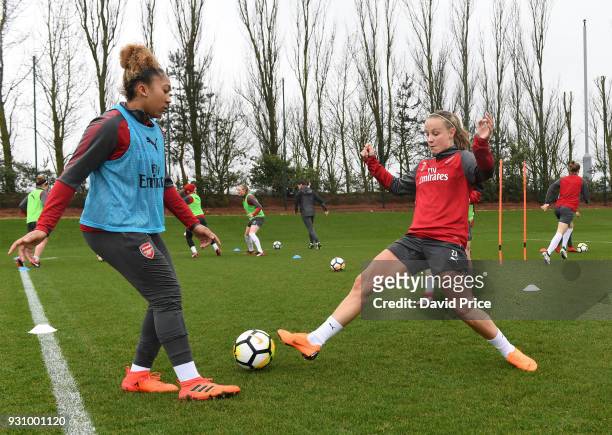 Lauren James and Beth Mead of Arsenal during an Arsenal Women Training Session at London Colney on March 12, 2018 in St Albans, England.