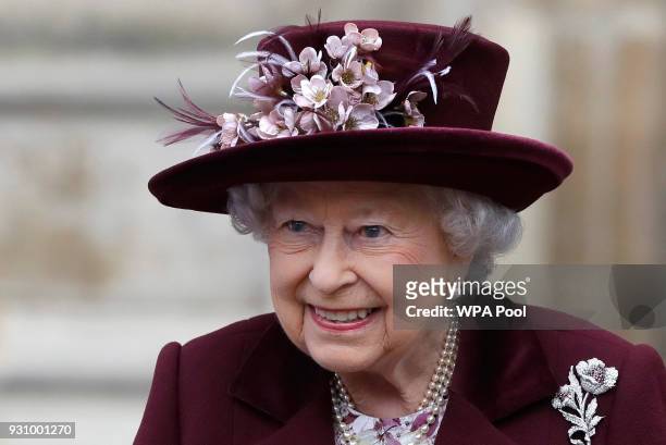 Queen Elizabeth II leaves after attending the Commonwealth Service at Westminster Abbey on March 12, 2018 in London, England. Organised by The Royal...