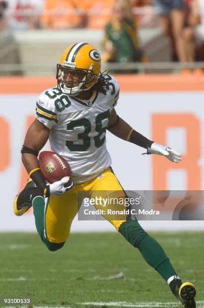 Tramon Williams of the Green Bay Packers carries the ball during a NFL game against the Tampa Bay Buccaneers at Raymond James Stadium on November 8,...