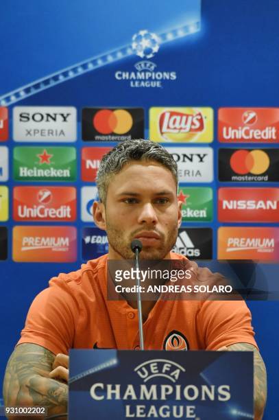 Shakhtar Donetsk's midfielder Marlos Romero Bonfim attends a press conference on the eve of the Champion's League round of 16, second-leg football...
