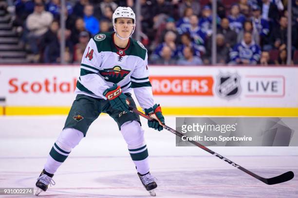 Minnesota Wild Center Joel Eriksson Ek skates up ice during their NHL game against the Vancouver Canucks at Rogers Arena on March 9, 2018 in...