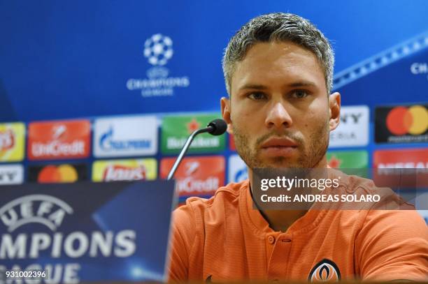 Shakhtar Donetsk's midfielder Marlos Romero Bonfim attends a press conference on the eve of the Champion's League round of 16, second-leg football...