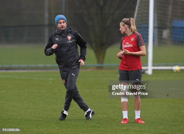 Joe Montemurro the Manager of Arsenal Women with Leah Williamson during an Arsenal Women Training Session at London Colney on March 12, 2018 in St...