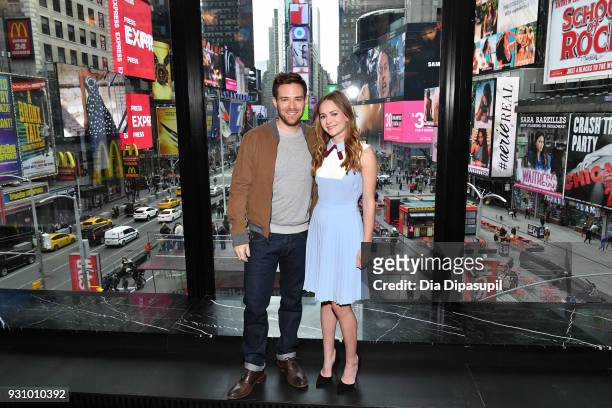 Ben Rappaport and Britt Robertson visit "Extra" at their New York studios at the Renaissance New York Times Square Hotel on March 12, 2018 in New...