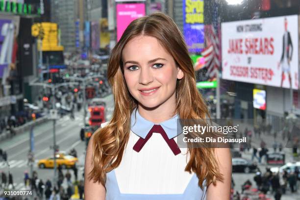 Britt Robertson visits "Extra" at their New York studios at the Renaissance New York Times Square Hotel on March 12, 2018 in New York City.