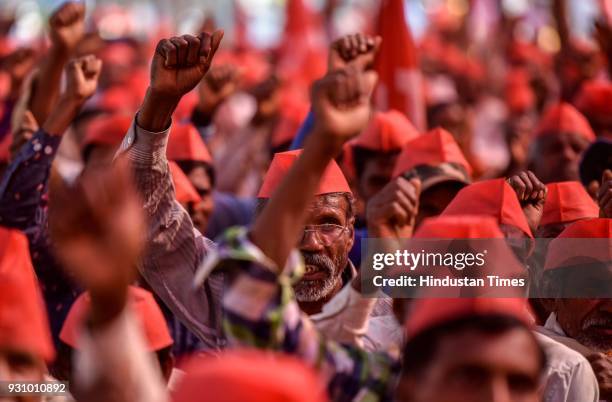 Farmers during protest march at Azad maidan on March 12, 2018 in Mumbai, India. Over 30,000 farmers from across Maharashtra, who embarked on a Long...