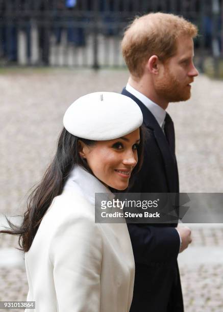 Meghan Markle and Prince Harry depart from the 2018 Commonwealth Day service at Westminster Abbey and meet waiting school children, on March 12, 2018...