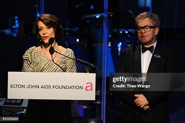 Senior Corporate Vice President of the Estee Lauder Companies Evelyn Lauder and Sir Elton John speaks onstage at the 8th Annual Elton John AIDS...