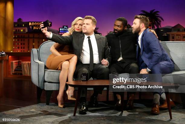 Guests, Charlize Theron, David Oyelowo, Joel Edgerton, visit with James Corden during "The Late Late Show with James Corden," Wednesday, March 7th...