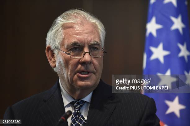 Secretary of State Rex Tillerson holds a press conference with Nigeria's foreign minister in Abuja on March 12, 2018. US Secretary of State Rex...