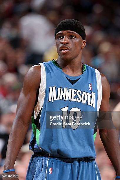 Jonny Flynn of the Minnesota Timberwolves looks on during the game against the Portland Trail Blazers at The Rose Garden on November 8, 2009 in...