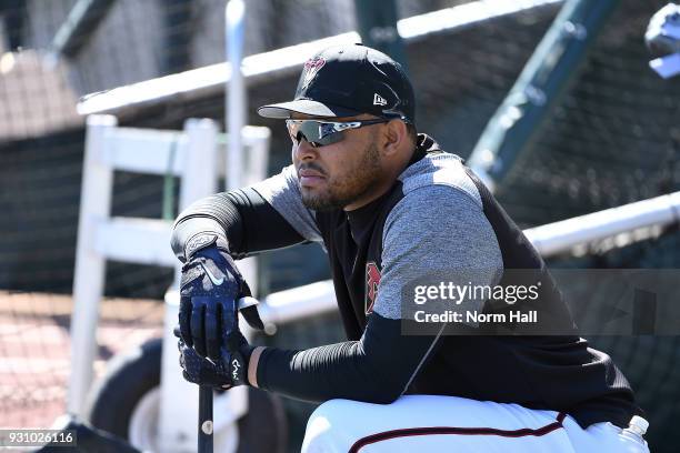 Yasmany Tomas of the Arizona Diamondbacks takes early batting practice prior to a spring training game against the Colorado Rockies at Salt River...