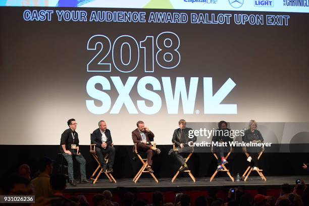 Anthony Wonke, Rian Johnson, Mark Hamill, Ram Bergman, and Tylie Cox attend the "The Director and The Jedi" Premiere 2018 SXSW Conference and...