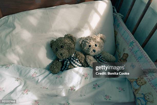 teddybears in a cot bed - culla foto e immagini stock