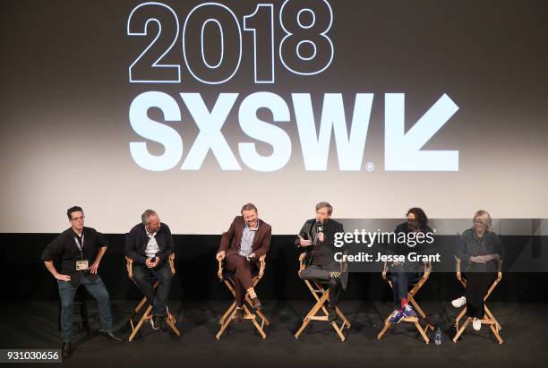 Moderator Alex Johnson, director Anthony Wonke, Writer/Director Rian Johnson, actor Mark Hamill, producer Ram Bergman and producer Tylie Cox attend...