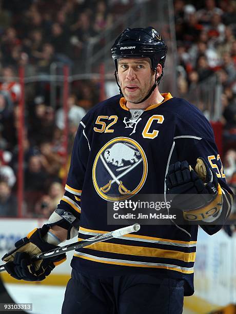 Craig Rivet of the Buffalo Sabres looks on against the Philadelphia Flyers on November 14, 2009 at Wachovia Center in Philadelphia, Pennsylvania.