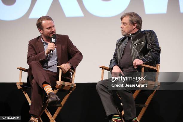 Writer/Director Rian Johnson and actor Mark Hamill attend the Star Wars: The Last Jedi "The Director and The Jedi" SXSW Documentary Premiere at...