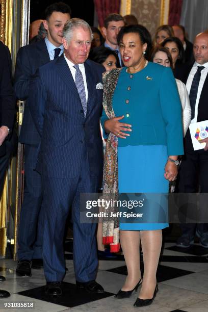 Baroness Patricia Scotland, the Commonwealth Secretary-General and Prince Charles, Prince of Wales attend the 2018 Commonwealth Day reception at...