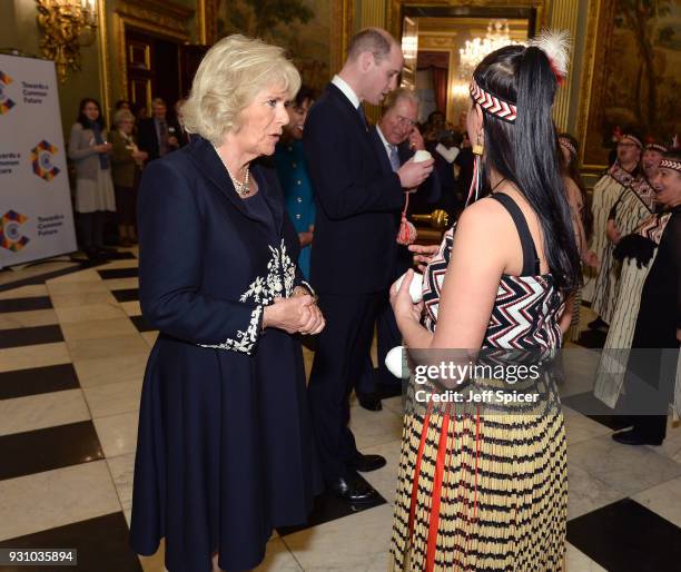 Camilla, Duchess of Cornwall and Prince William, Duke of Cambridge meet with performers as they attend the 2018 Commonwealth Day reception at...