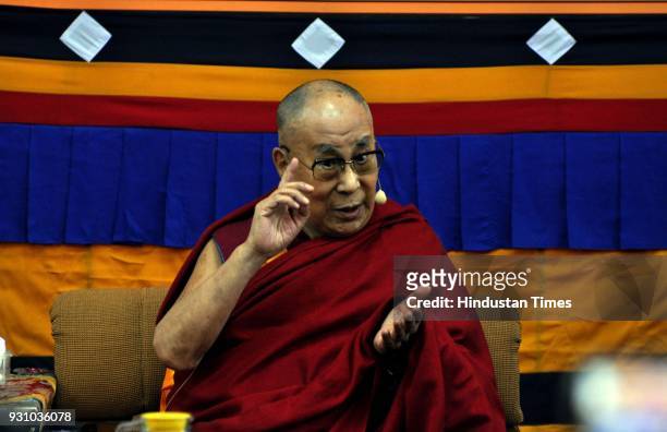 Tibetan spiritual leader, Dalai Lama addresses the Mind and Life XXXIII conference at the main Buddhist temple, Tsuglagkhang, McLeodganj on March 12,...