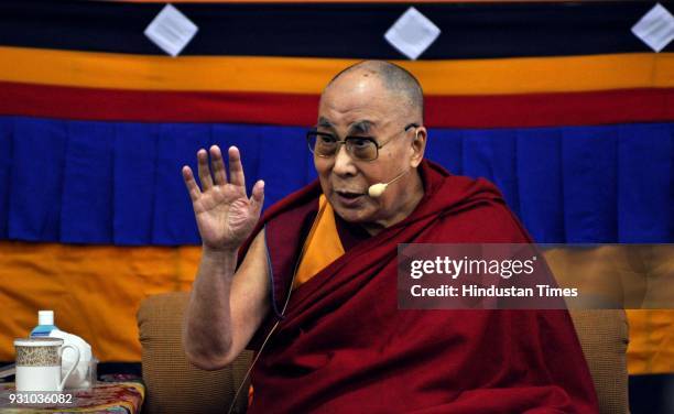 Tibetan spiritual leader, Dalai Lama addresses the Mind and Life XXXIII conference at the main Buddhist temple, Tsuglagkhang, McLeodganj on March 12,...