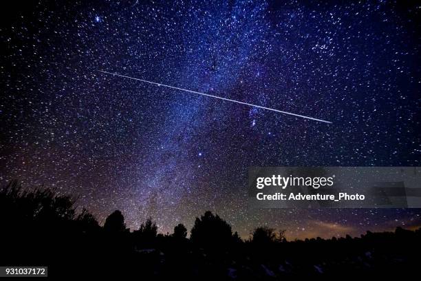 astrophotography meteor shower with milky way galaxy and stars - meteor shower stock pictures, royalty-free photos & images
