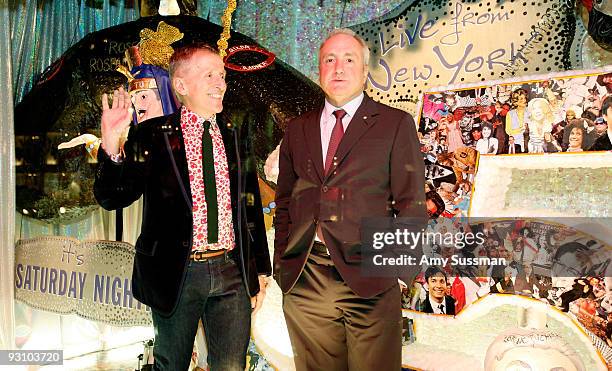 Creative Director of Barneys New York Simon Doonan and creator of SNL Lorne Michaels in the window at the Barneys New York 2009 Holiday Window...