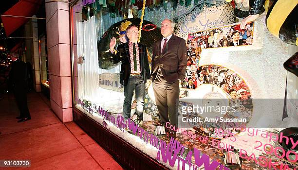 Creative Director of Barneys New York Simon Doonan and creator of SNL Lorne Michaels in the window at the Barneys New York 2009 Holiday Window...