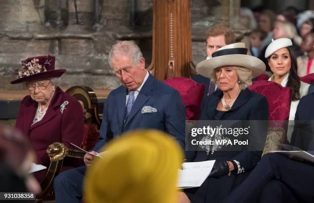 Queen Elizabeth II, Prince Charles, Prince of Wales, Camilla, Duchess of Cornwall, Prince Harry and Meghan Markle attend the Commonwealth Service at...