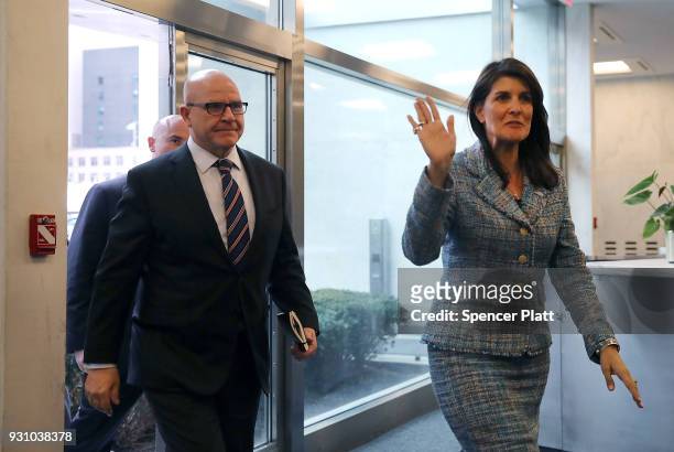 National security adviser Lt. Gen. H.R. McMaster arrives with United States Ambassador to the United Nations Nikki Haley at the UN for a meeting with...