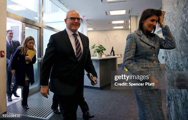 National security adviser Lt. Gen. H.R. McMaster arrives with United States Ambassador to the United Nations Nikki Haley at the UN for a meeting with...