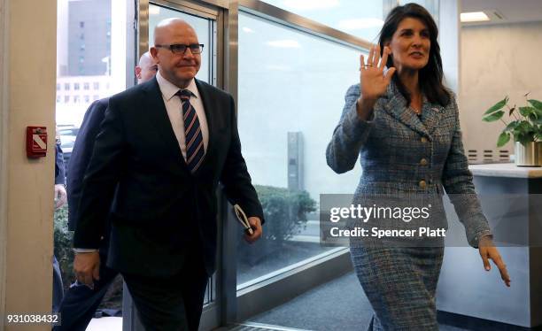 National security adviser Lt. Gen. H.R. McMaster arrives with United States Ambassador to the United Nations Nikki Haley at the UN for a meeting with...