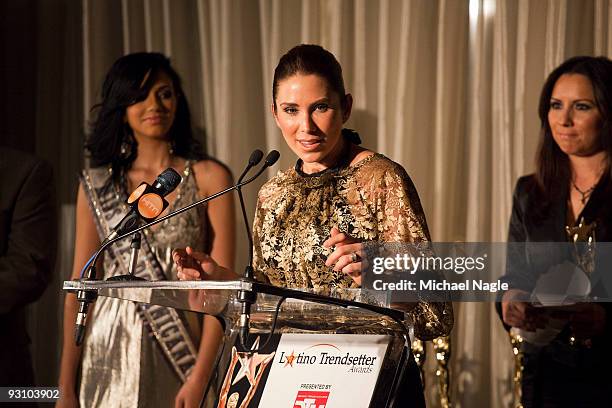 Laura Posada speaks at the 8th Annual Latino Trendsetter Awards at the United Nations on November 16, 2009 in New York City. Posada was honored along...