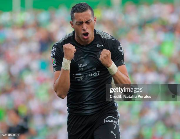 Rogelio Funes Mori of Monterrey celebrates after scoring the first goal of his team during the 11th round match between Santos Laguna and Monterrey...