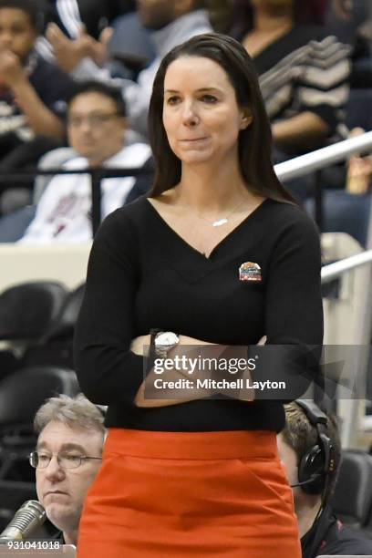Head coach Shauna Green of the Dayton Flyers looks on during the semifinal round of the Atlantic-10 Women's Basketball Tournament against the George...