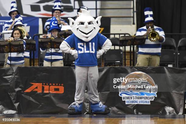 The Saint Louis Billikens mascot on the floor during the semifinal round of the Atlantic-10 Women's Basketball Tournament against the St. Joseph's...