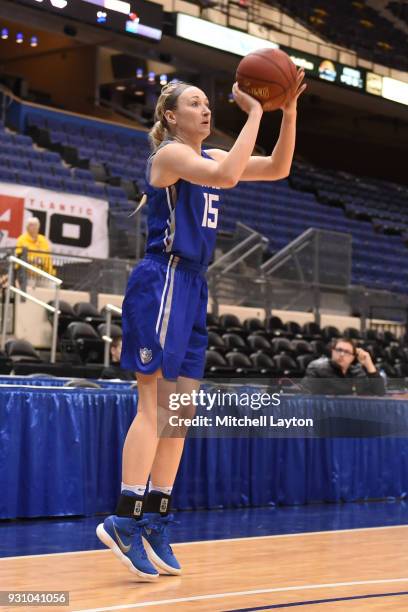 Paige Rakers of the Saint Louis Billikens takes a jump shot during the semifinal round of the Atlantic-10 Women's Basketball Tournament against the...
