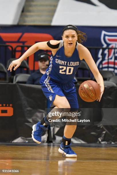 Jordyn Frantz of the Saint Louis Billikens dribbles up court during the semifinal round of the Atlantic-10 Women's Basketball Tournament against the...