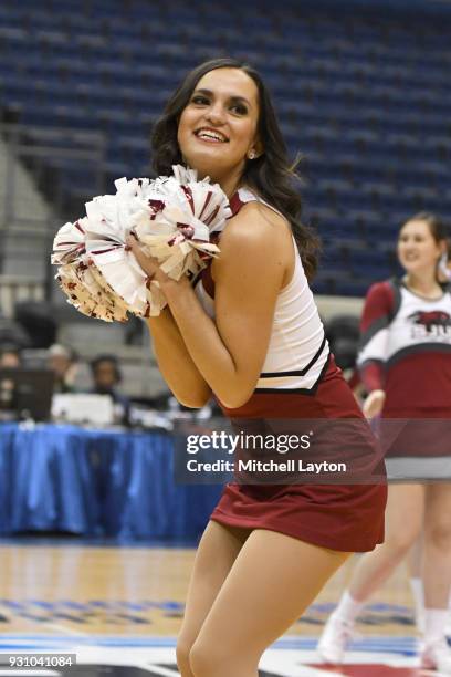 St. Joseph Hawks cheerleader performs during the semifinal round of the Atlantic-10 Women's Basketball Tournament against the Saint Louis Billikens...