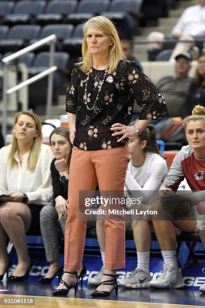 Head coach Cindy Griffin of the St. Joseph Hawks looks on during the semifinal round of the Atlantic-10 Women's Basketball Tournament against the...