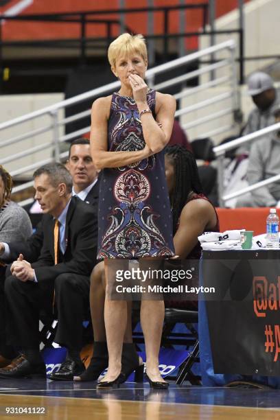 Head coach Lisa Stone of the Saint Louis Billikens looks on during the semifinal round of the Atlantic-10 Women's Basketball Tournament against the...