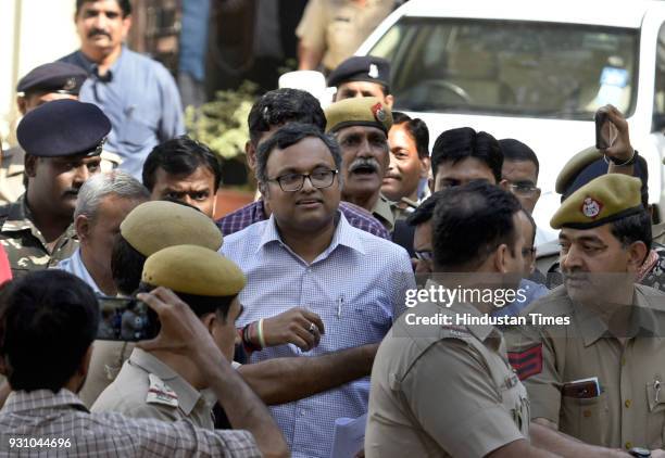 Karti Chidambaram coming out after the hearing at Patiala House Court on March 12, 2018 in New Delhi, India.