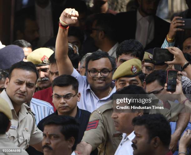 Karti Chidambaram coming out after the hearing at Patiala House Court on March 12, 2018 in New Delhi, India.