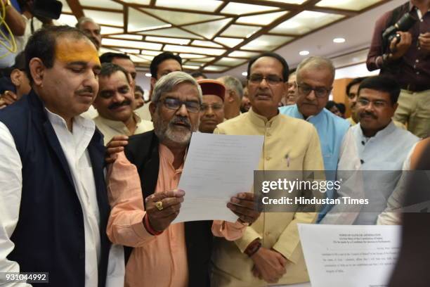 Candidate Kailash Soni along with other candidates Thawarchand Gehlot, Ajay Pratap Singh and Chief Minister Shivraj Singh Chouhan file nomination for...