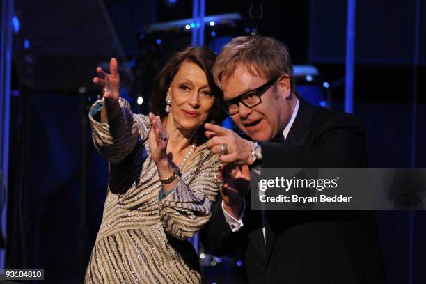 Evelyn Lauder and Sir Elton John appear onstage at the 8th Annual Elton John AIDS Foundation�s "An Enduring Vision" at Cipriani, Wall Street on...