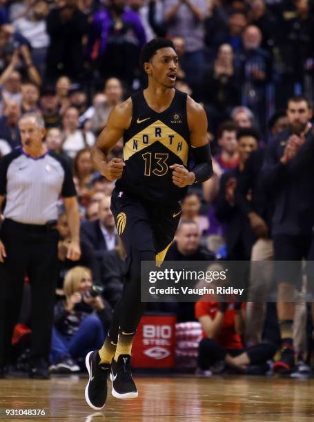 Malcolm Miller of the Toronto Raptors runs up court during the first half of an NBA game against the Houston Rockets at Air Canada Centre on March 9,...